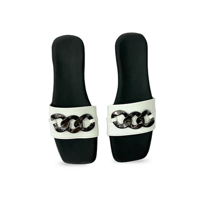 Aestify Women’s Black & White Chain Strap Slides – Elegant Slip-On Flats for Everyday Chic