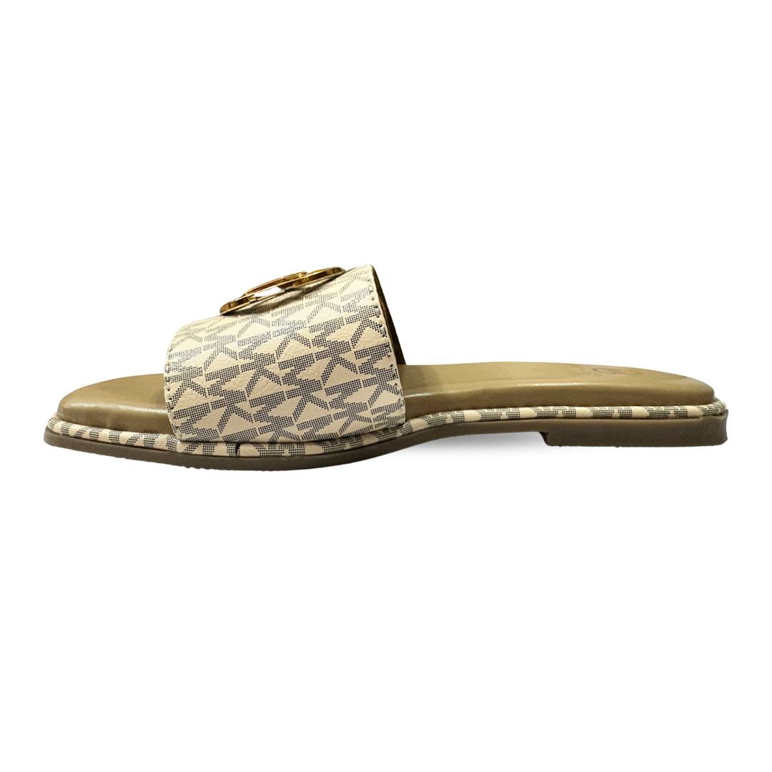 Aestify Cream Monogram MK Slides for Women – Luxury-Inspired Slip-On Sandals