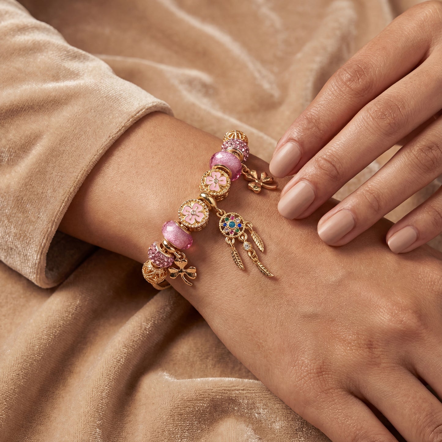 Aestify™ Dreamcatcher Pink Gold Charm Bracelet – 18K Gold Tone | Crystal & CZ Beads